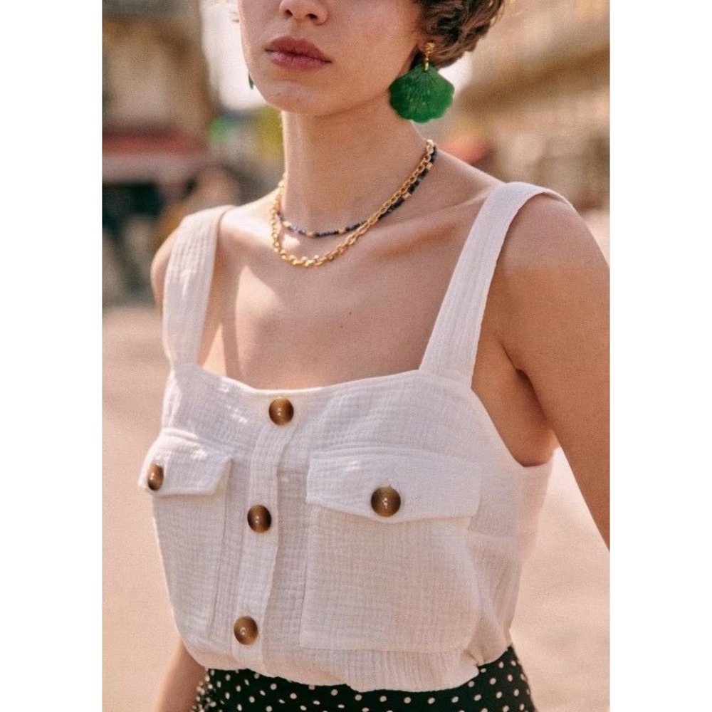 Sezane Samuel Top Organic Cotton Textured Gauze Ecru Sz XS Chic Sexy French Girl